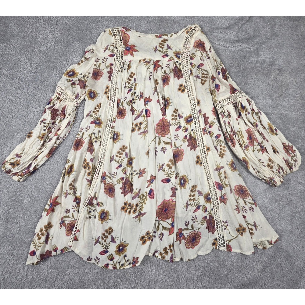 Free People Tunic Women Large Cream Floral Boho Hippie Crochet Balloon Sleeve